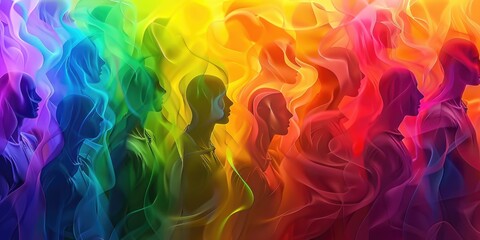 A diverse group of people standing in front of a vibrant rainbow colored background. Perfect for diversity and inclusion concepts - obrazy, fototapety, plakaty