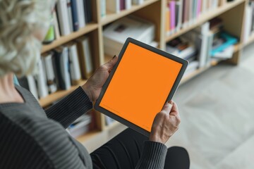 Display mockup from a shoulder angle of a mature woman holding an ebook with a completely orange screen