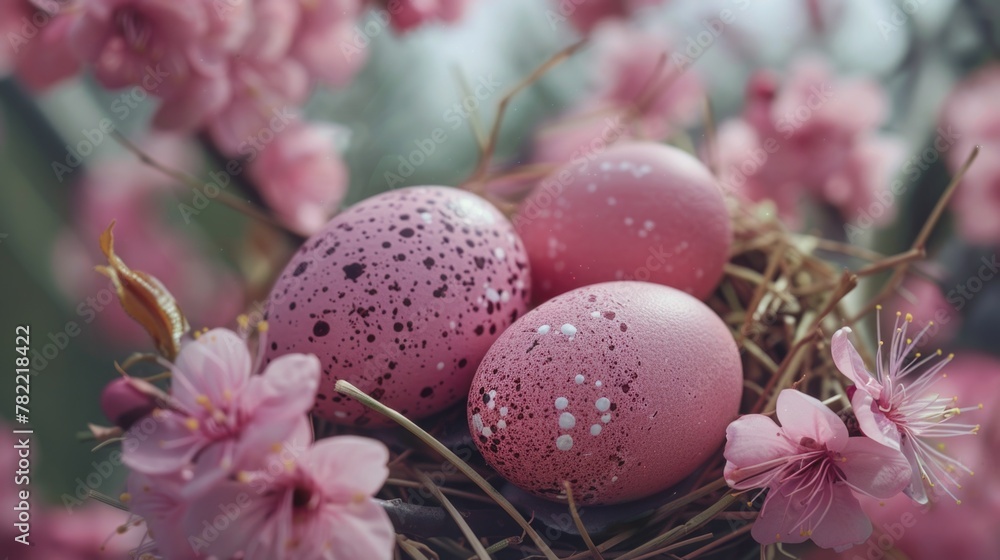 Poster three eggs in a nest surrounded by pink flowers. suitable for easter or spring themed projects