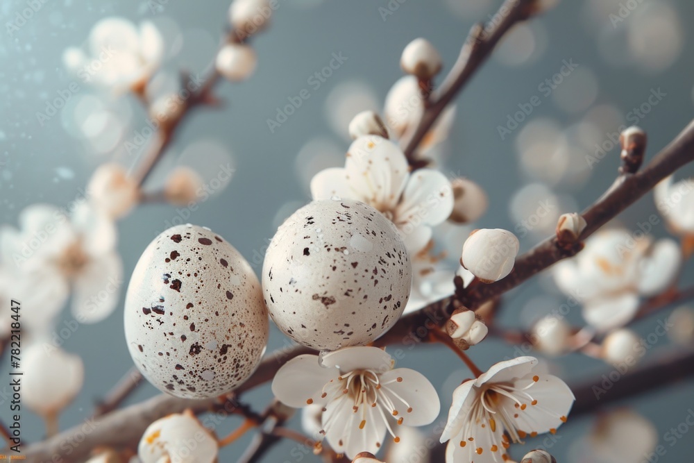 Poster a close up of a branch with eggs. suitable for nature and easter themes