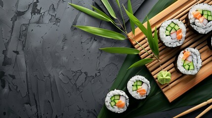 Rolls of sushi on wooden board with leeks and logo on black sign