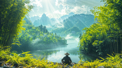 A chinese man sitting in front of a tranquil lake und enjoying a beautiful panorama view of a bamboo forest landscape - Powered by Adobe