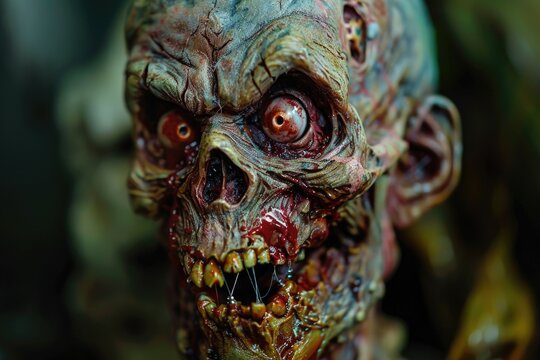 A close-up image of a zombie head with glowing red eyes. Suitable for Halloween themed projects