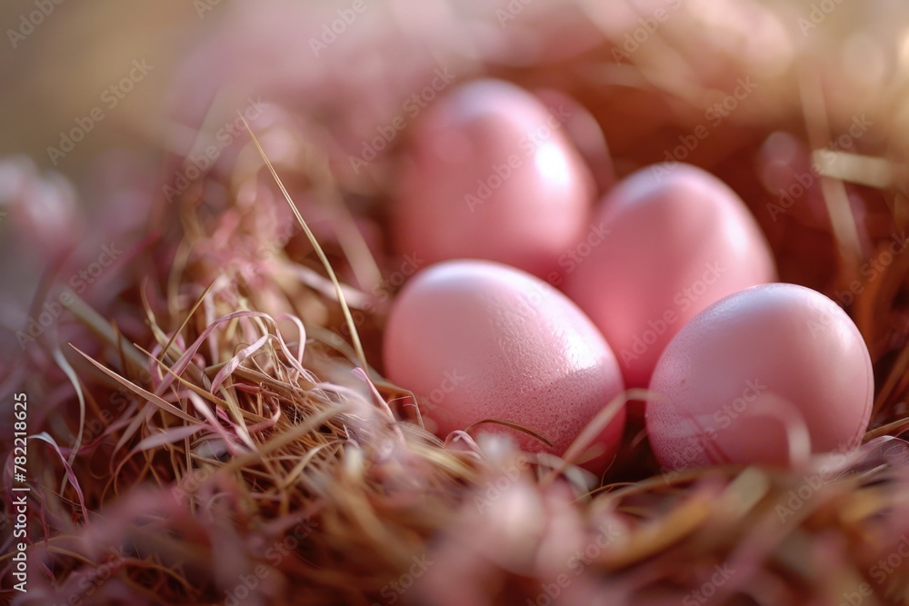 Poster four eggs in a nest on straw, suitable for farm or nature concepts