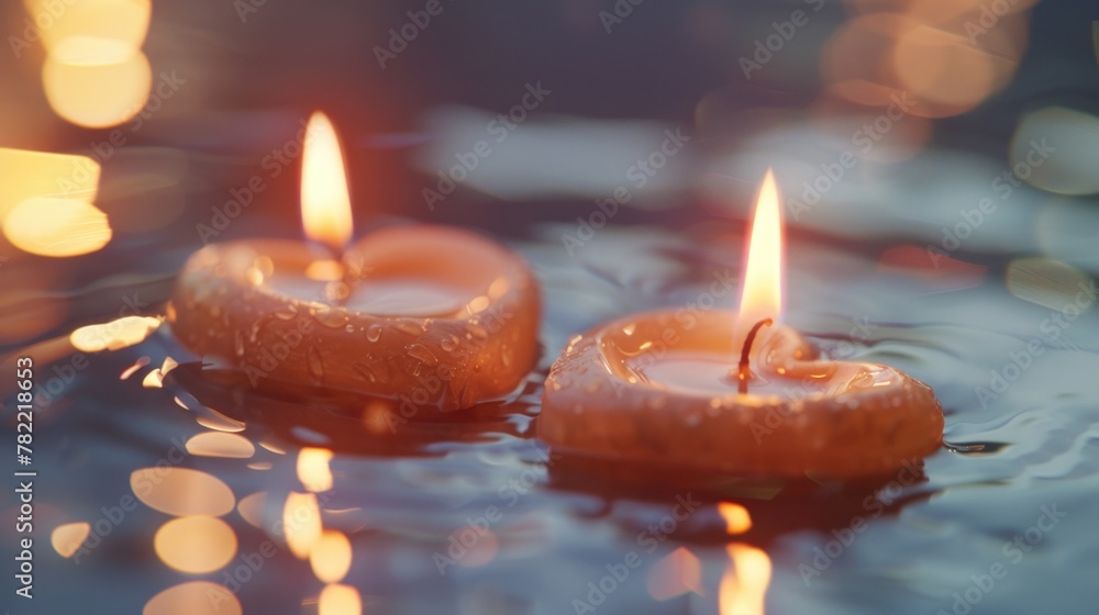 Poster Two lit candles floating on top of a body of water. Perfect for relaxation or meditation concepts