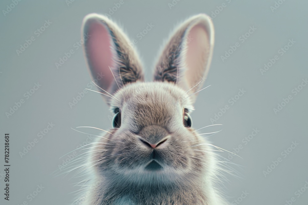 Poster Close-up of a rabbit's face on a gray background, suitable for various projects