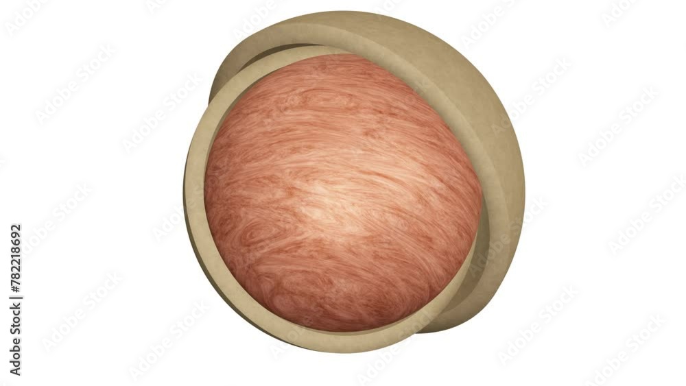 Aufkleber realistic looping 3d animation of the spinning textured wood sphere inside of two carton hemispheres