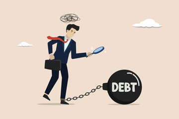 Sad businessman with large debts, dizzy thinking about large debts, company debt concept, vector illustration of businessman looking for a way to pay off large debts using a magnifying glass.