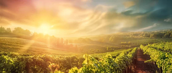 Poster Serene Vineyard Landscape. Rows of Grapevines at Sunrise. Eco-friendly vineyards, Vineyard tours © Viks_jin
