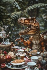Toy T-Rex sitting at a table full of food. Great for children's party invitations