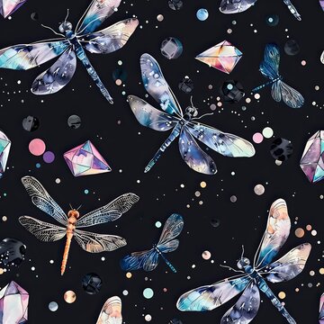 Lovely, pretty watercolor seamless pattern of fly dragons and flowers, leaves. For fabric, silk, printing. Dark theme.