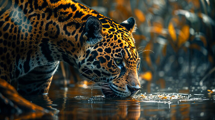 A jaguar is drinking water in the jungle - obrazy, fototapety, plakaty