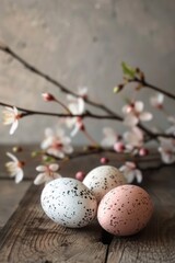 Naklejka na ściany i meble Three speckled eggs resting on a rustic wooden table, perfect for farm or kitchen themes