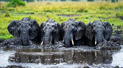 Four african elephants taking a mud bath in a river - Powered by Adobe