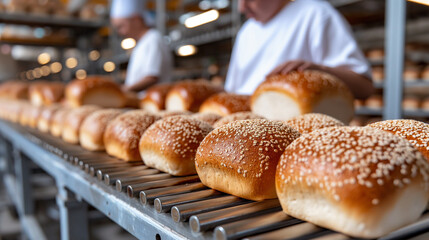 Bread on a conveyor belt in a bread factory.