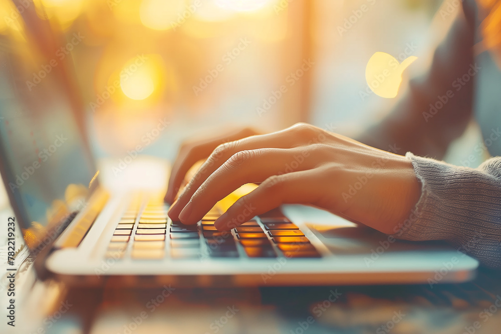 Poster a close-up of a person's hands typing on a keyboard during a remote work session. musician playing e