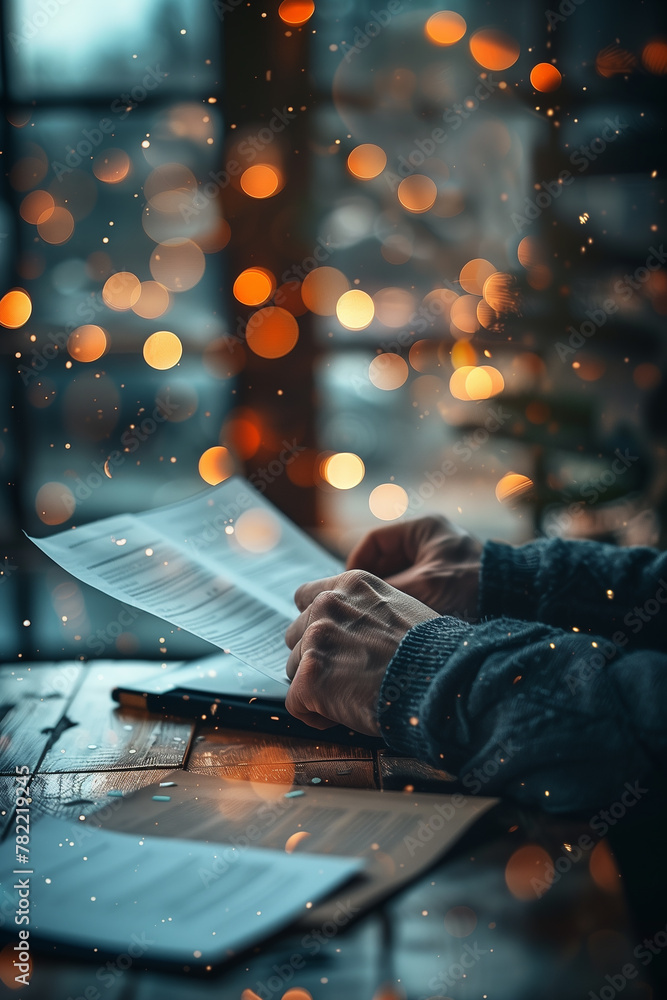 Poster a close-up of a person's hands scrolling through an online course curriculum.a person is sitting at 