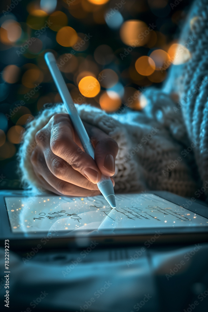 Poster a close-up of a person's hands using a stylus to annotate documents on a tablet. a person is writing