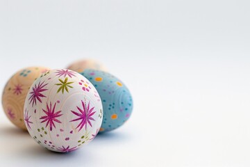 Fototapeta na wymiar Three colorful Easter eggs on a white surface, perfect for Easter holiday designs