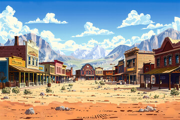 Caricature of an old western desert town.  Generated Image.  A digital illustration of a caricature of an old western desert town. 