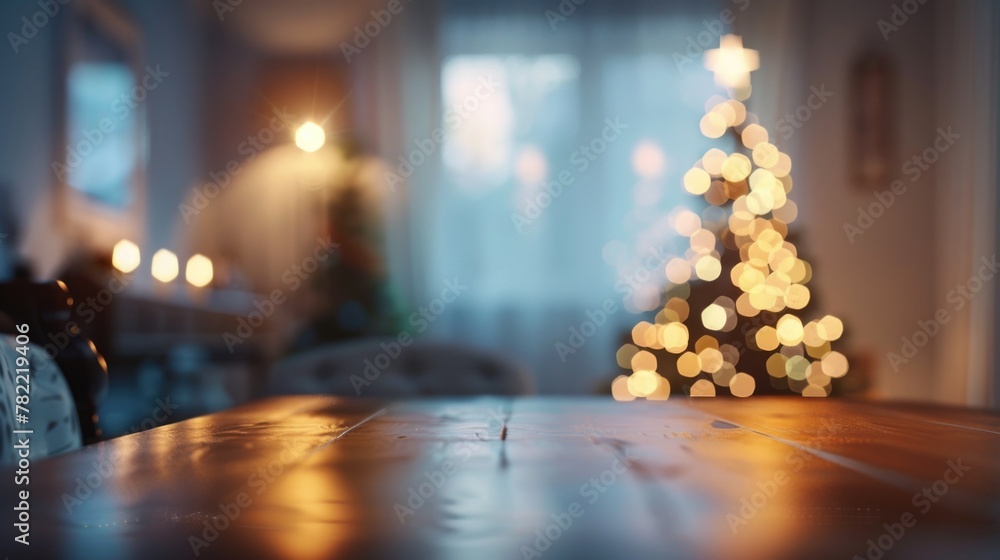 Poster festive table setting with a christmas tree in the background, suitable for holiday season concepts