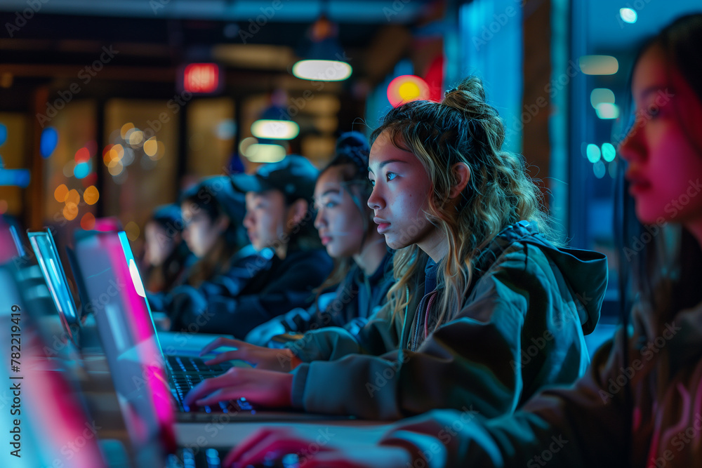 Poster a group of students participating in a virtual study group session.a group of people are sitting at 