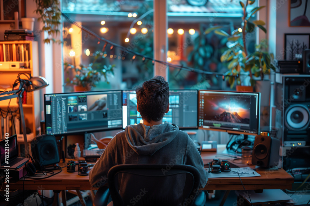 Poster a person attending a remote workshop on remote work ergonomics and wellness. man seated at desk with