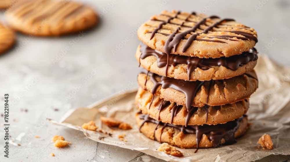 Poster a light background is complemented by beautifully stacked chocolate cookies.