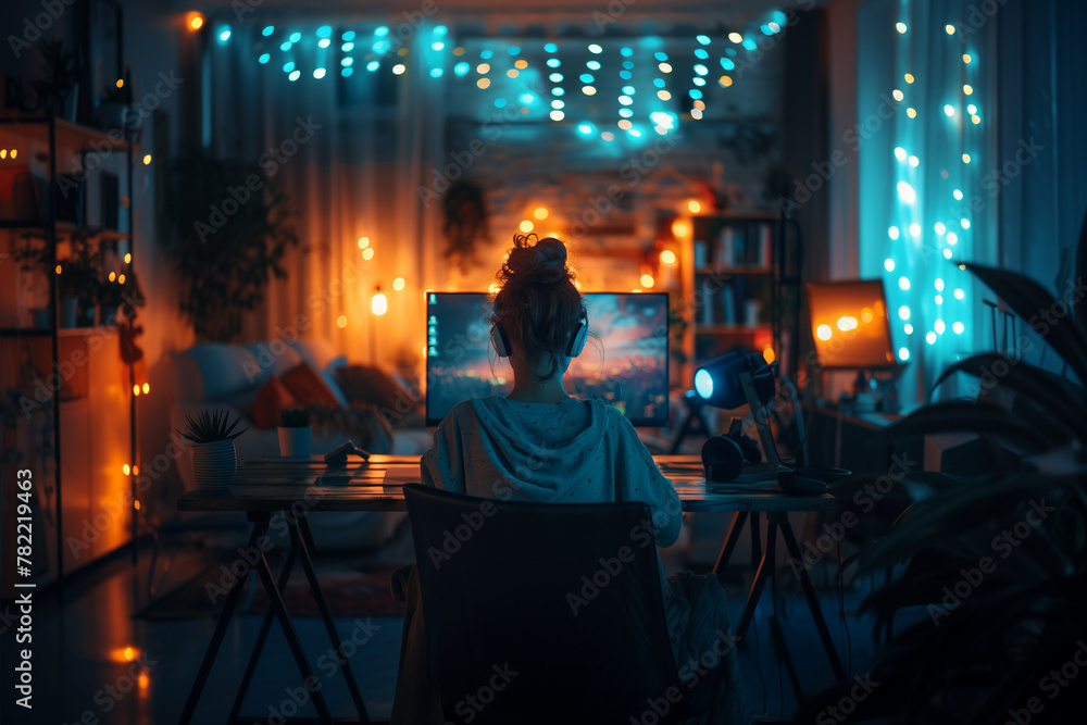 Poster a person attending a virtual conference on remote work best practices. a woman is sitting at a desk 