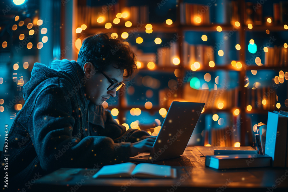 Poster a person attending an online course on digital marketing strategies. a man is working on his laptop 