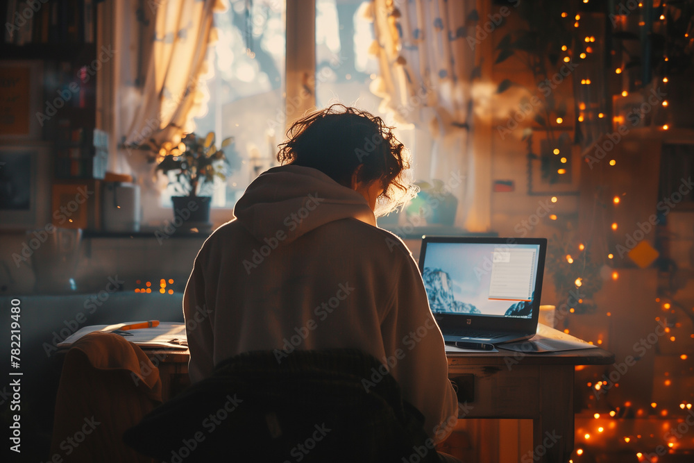 Poster a person attending an online course on digital marketing strategies. a man is sitting at a desk in f