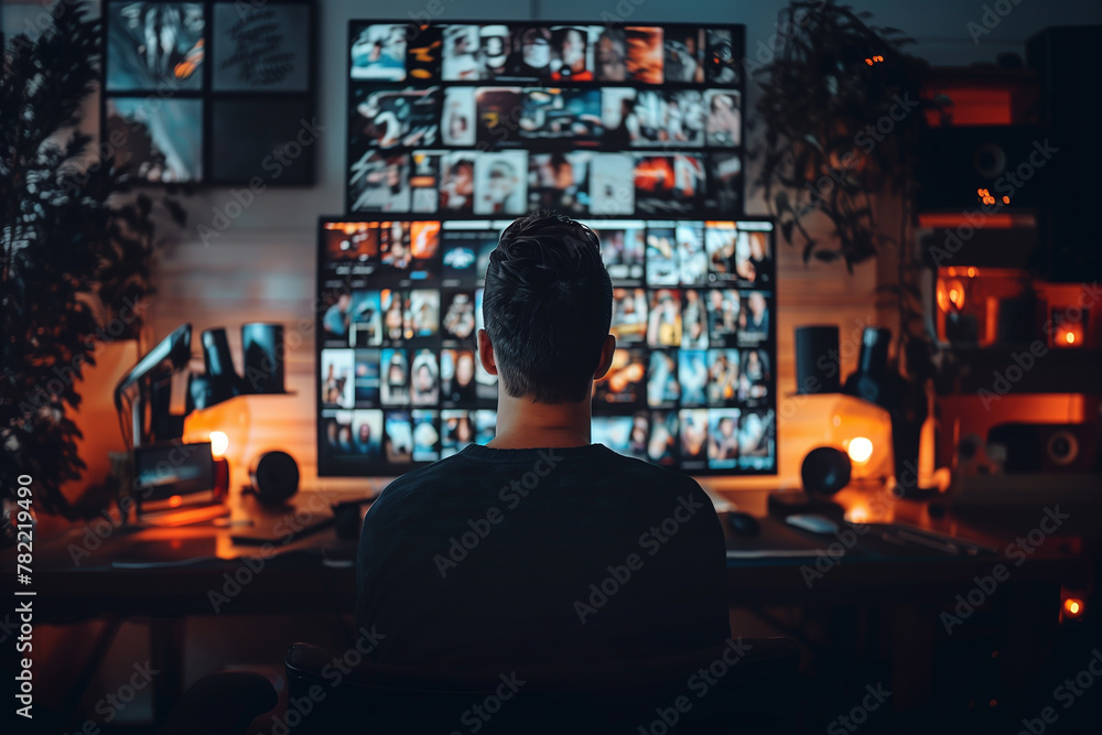 Poster a person attending an online seminar on remote project management tools. a man is sitting in front o