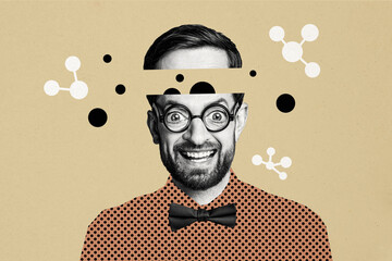Composite photo collage of happy funny headless man scientist biology molecule discovery finding research isolated on painted background - obrazy, fototapety, plakaty