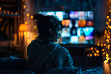 A person attending a remote networking event to connect with industry professionals. A woman enjoys electric blue entertainment on TV in darkness at midnight