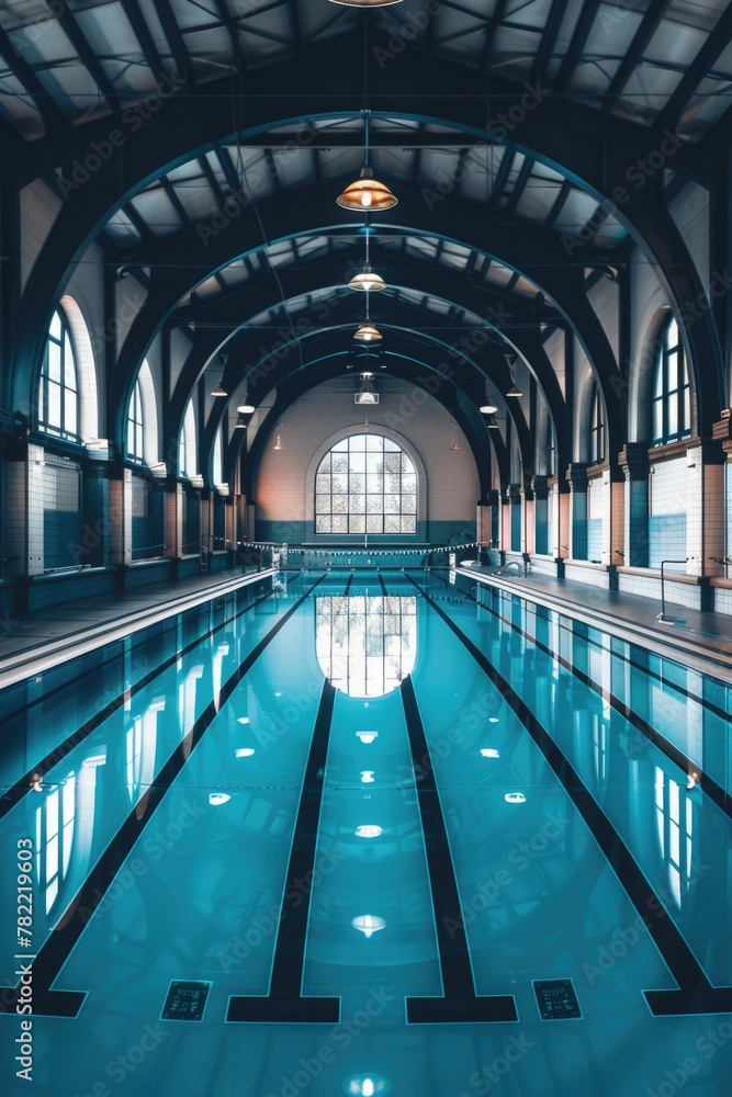 Poster a spacious indoor swimming pool in a building. suitable for lifestyle and architecture concepts