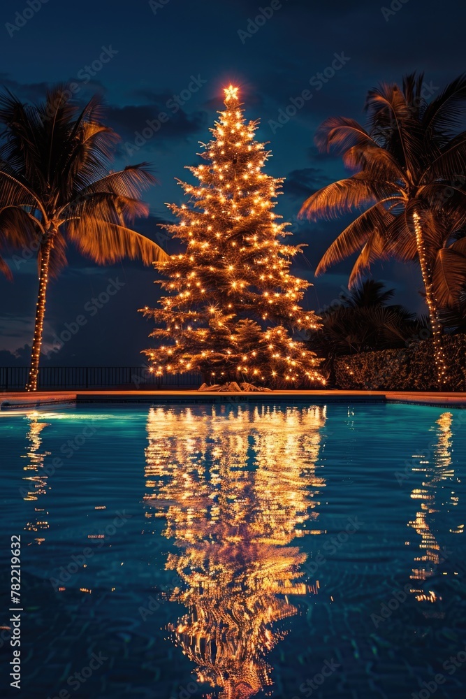 Poster a festive christmas tree floating in a pool, perfect for holiday concepts