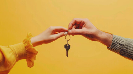 A young couple holds the keys to the house on an orange isolated background.