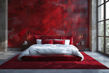 Luxurious Red Bedroom: Deep Bed and Modern Art