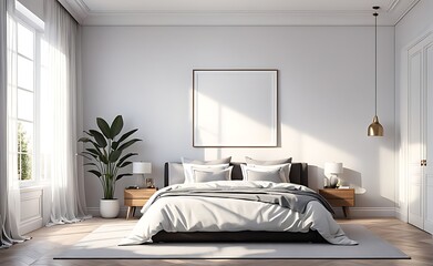 Fototapeta na wymiar 3d render of a mockup frame placed against the backdrop of a cozy bedroom interior light tones dom