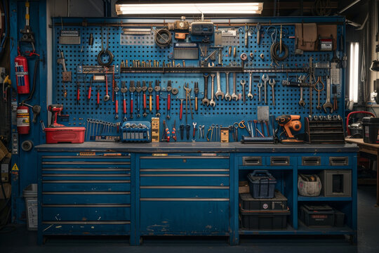 Organized Workshop with Tools Hanging on Pegboard
