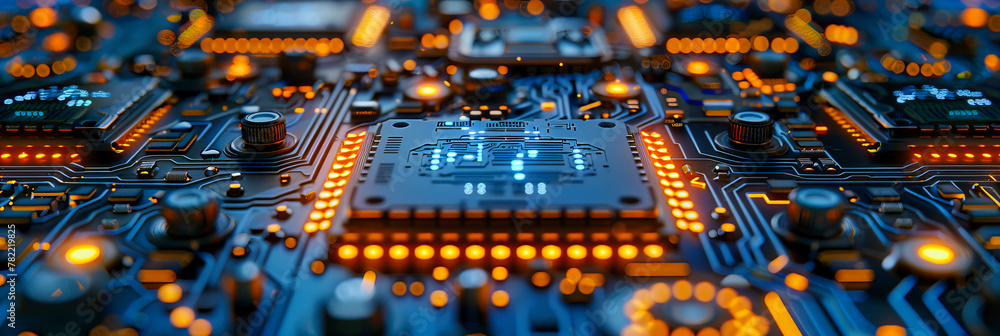 Poster detailed motherboard circuit, semiconductor and microchip in blue, modern computing and electronics 