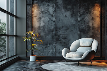 Elegant Grey Living Room with Parquet Wall Art and Black Armchair
