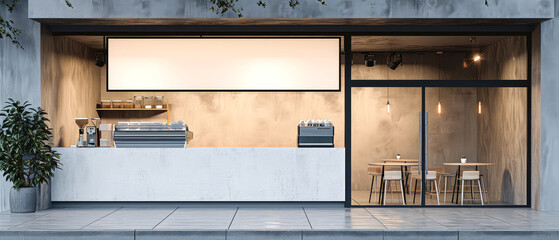 Coffee shop, cafe store, bar or restaurant with counter, glass windows. View from city street. Front design. Showcase. Generative ai	