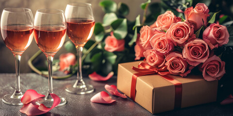 Romantic Celebration with Roses, Rose Wine, and Elegant Gift Box