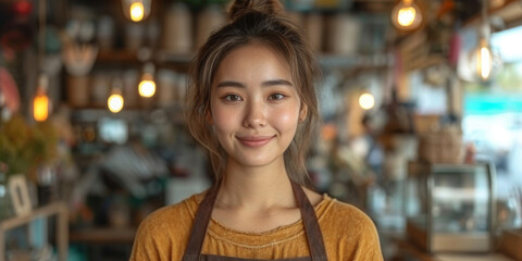 Smiling Young Woman Barista in Cozy Coffee Shop