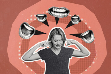 Composite photo collage of upset girl shut ears mouth scream people shame abuse stereotype bullying...