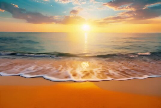 A tranquil beach scene at sunset with a radiant sun dipping into the ocean horizon, casting a warm glow on the water.