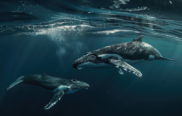 A mother humpback whale and her calf, captured in the clear blue waters of their ocean habitat - obrazy, fototapety, plakaty
