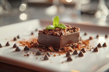 A luxurious chocolate dessert topped with delicate shavings and a fresh mint leaf, perfect for fine dining experiences.. - obrazy, fototapety, plakaty