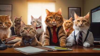 Stern-looking cats dressed in academic attire, posing as student in a classroom with educational...